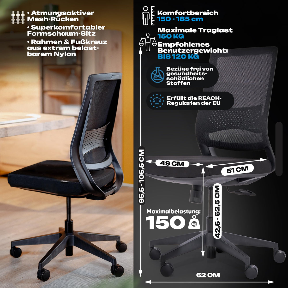 M2 Ergonomic Office Chair, Test Winner with Adjustable Armrest without Headrest for Maximum Freedom of Movement, Back-Friendly, Comfortable Desk Chair for Office and Home Office Chair