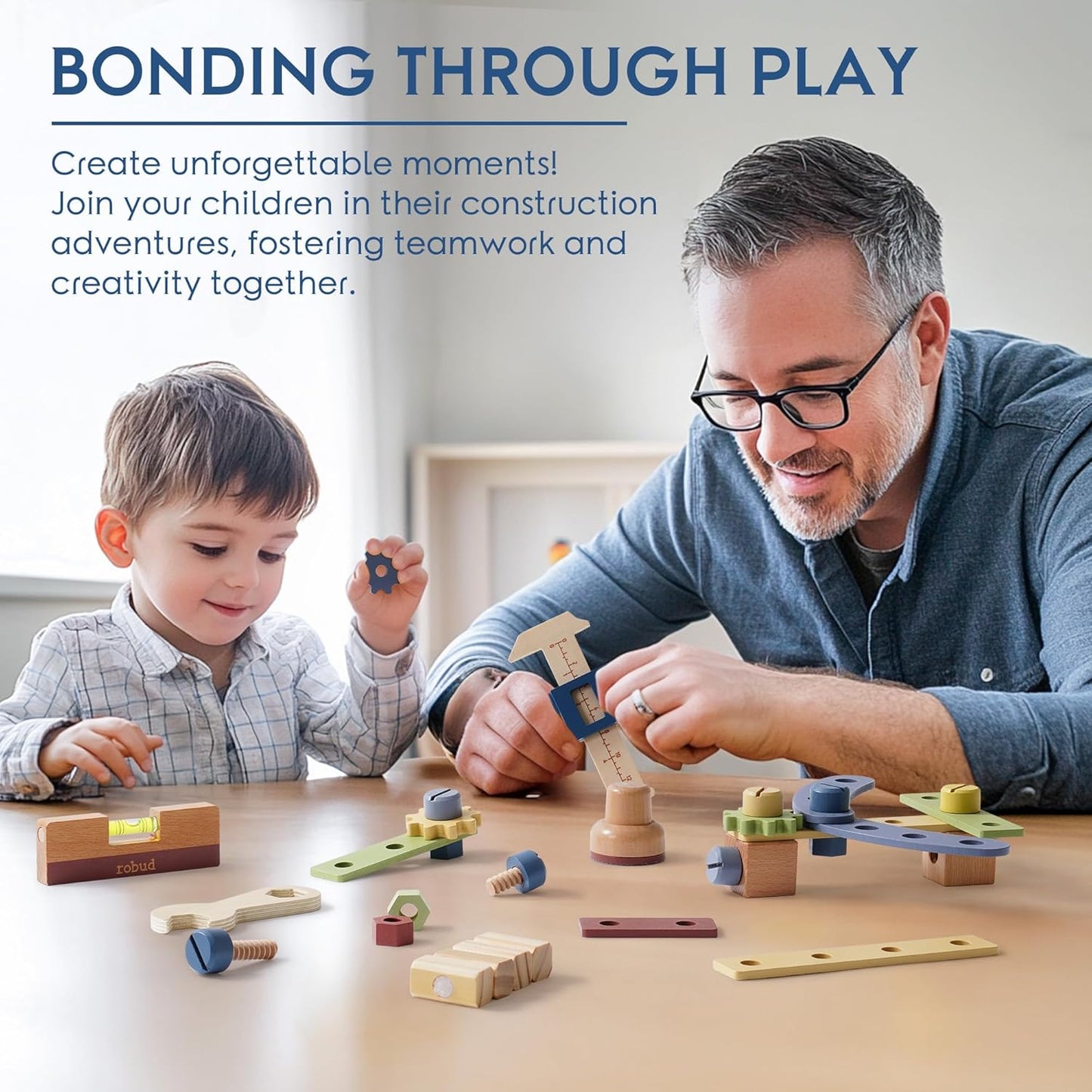 ROBUD Wooden Toy Workbench, Large Children's Wooden Play Tool, Pretend Play Creative Building Set, Construction Workshop Tool Bench Toys, Gift for Girls Boys 3+