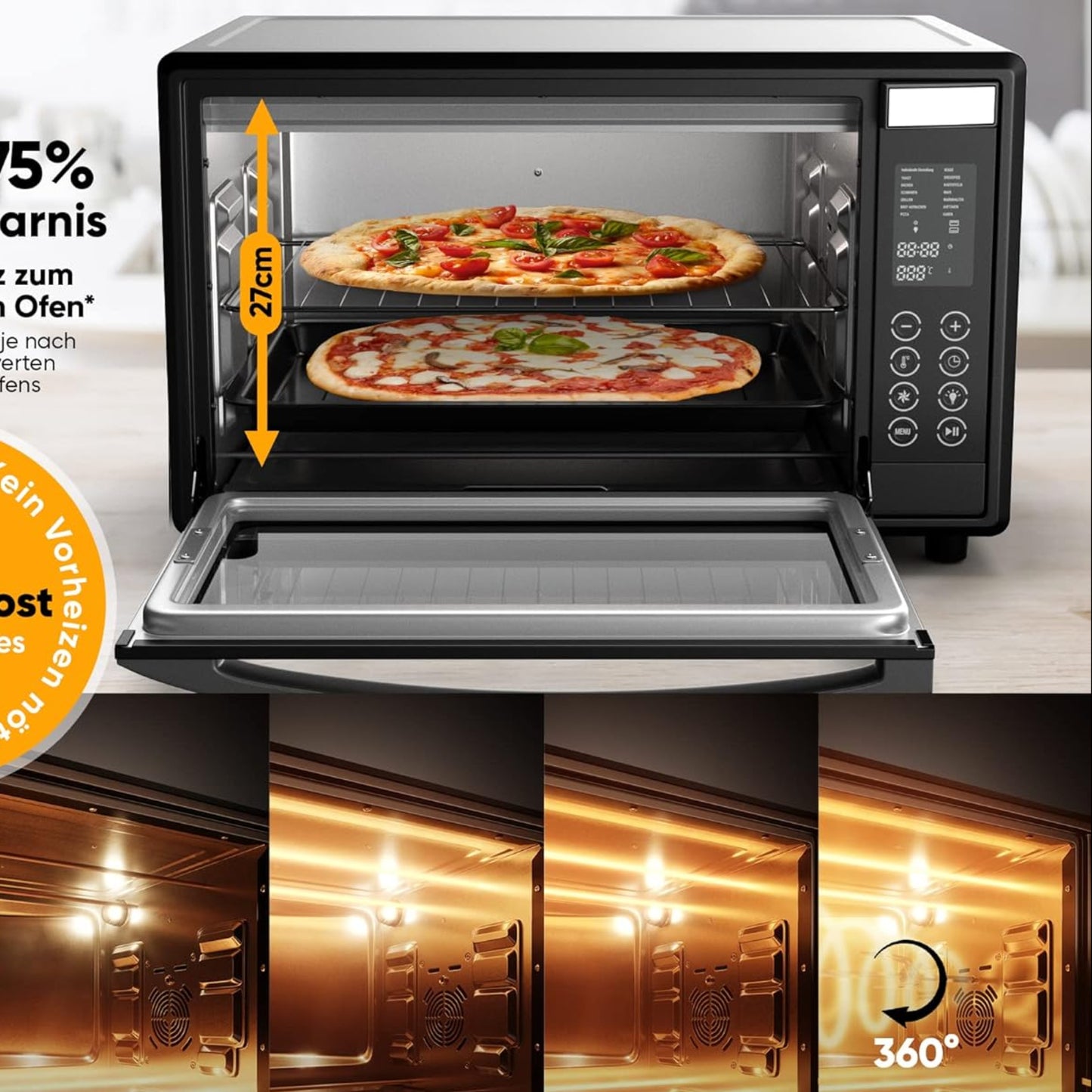 Digital Mini Oven With Convection (35 Litres) Oven Gloves ✓ Recipe Book ✓ Double Glass Door ✓ 1600W ✓ LED Display ✓ 13 Programmes ✓ Rotating Spit ✓ Crumb Tray ✓ Timer ✓ Interior lighting