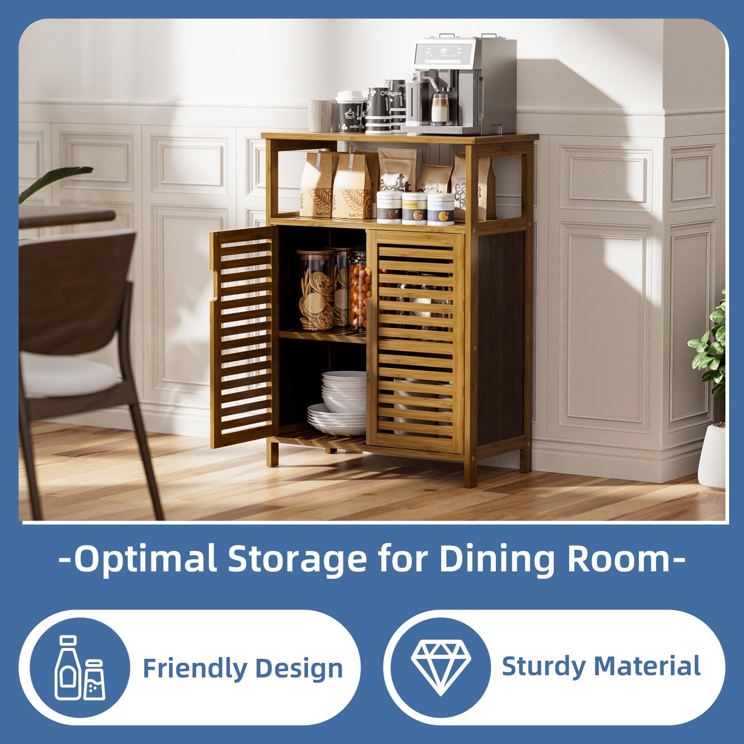 HITNET Bathroom Cabinet Bamboo Black Bathroom Cabinet with 2 Doors Freestanding Cabinet for Bathroom, Living Room and Bedroom