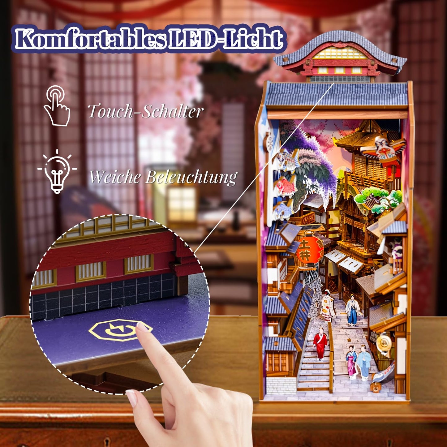 Book Nook Japan, Sakura Straße Booknook Japanischer Kit, 293PCS DIY Miniature House mit Licht, 3D Puzzle für Erwachsene und Heranwachsende, Japanische Deko Holzpuzzle Erwachsene Bücherregaldekoration