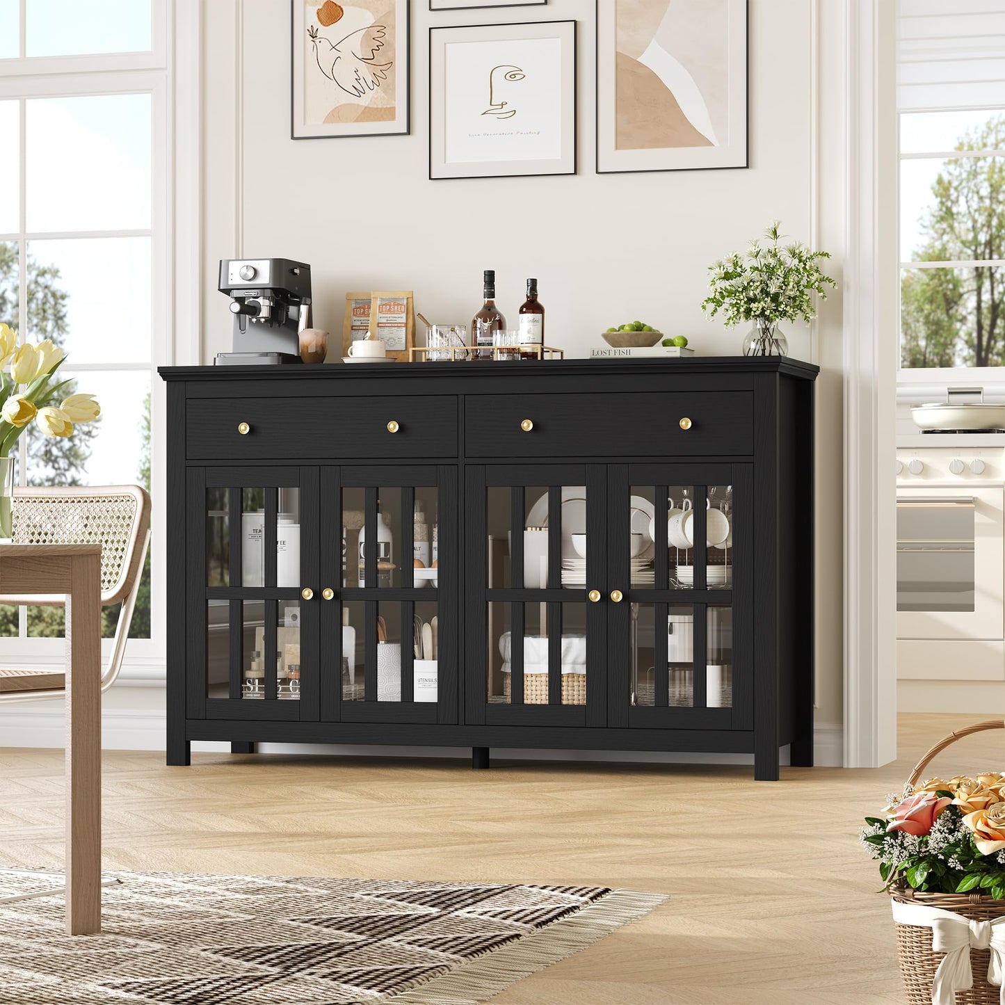 FirFurd Sideboard 140 cm Wide Kitchen Cabinet with Worktop Sideboard Living Room Kitchen Buffet Cabinet with 2 Drawers 4 Glass Doors Kitchen Buffet with Adjustable Shelves 140 x 40 x 91 cm Black
