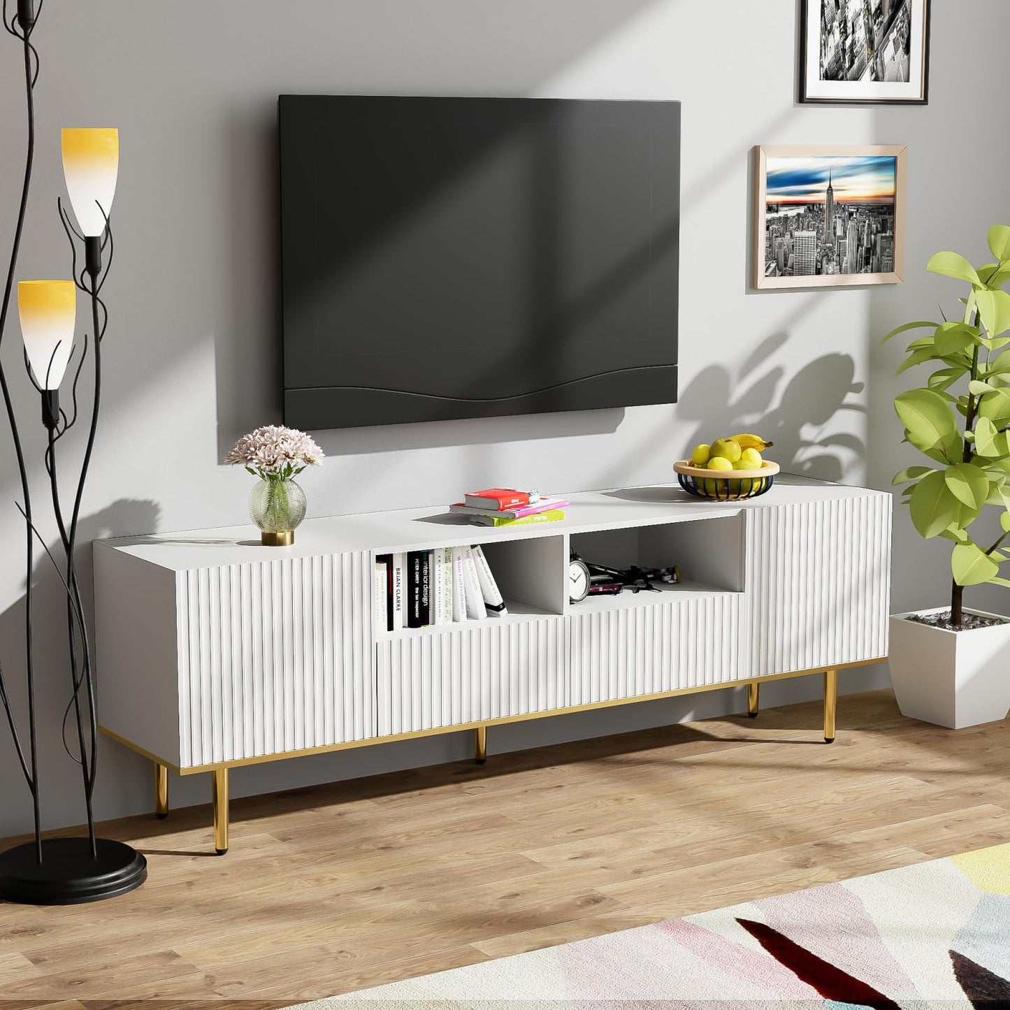 TV Cabinet with 3 Drawers, TV Table with Golden Handles and Legs, Modern TV Stand for TVs up to 75 Inches, Rounded Corners, TV Cabinet for Living Room, 174 x 35 x 41 cm, White