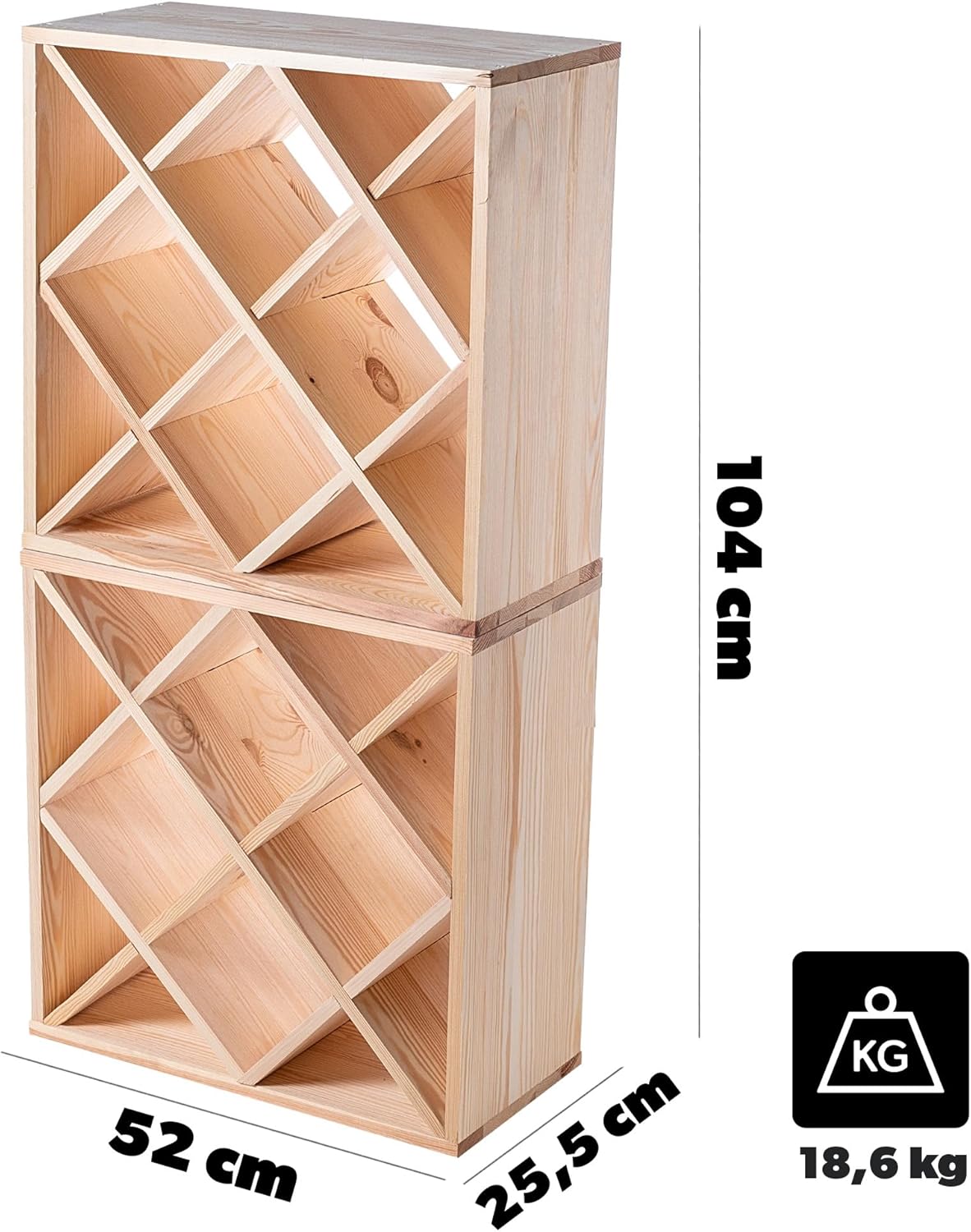 KADAX Wooden Wine Rack, 52 x 25.5 x 104 cm, Large Bottle Rack for Many Wine Bottles, Stackable Wine Stand, Shelf for Bottles, Rustic Wine Cabinet, Sturdy, Space-Saving, Made in EU