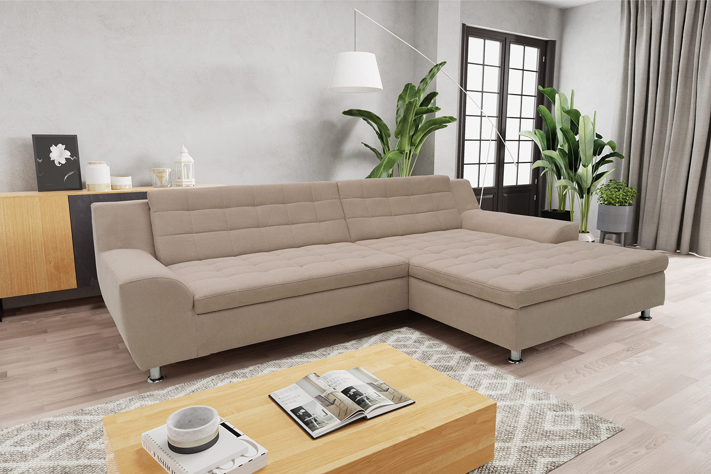 DOMO. collection Merida Corner Sofa, Sofa with Sleep Function in L-Shape, Corner Couch with Bed Box, Sofa Bed 304 x 200 x 84 cm (W x D x H), Beige
