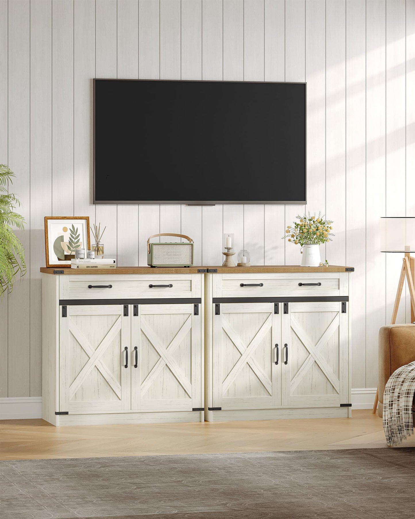 Hzuaneri SC94814X Kitchen Cabinet, Sideboard with 1 Drawer, Storage Cabinet with 2 Doors, Adjustable Shelves, Country House Style, Kitchen, Living Room, 40 x 140 x 80 cm, Vintage Brown/White