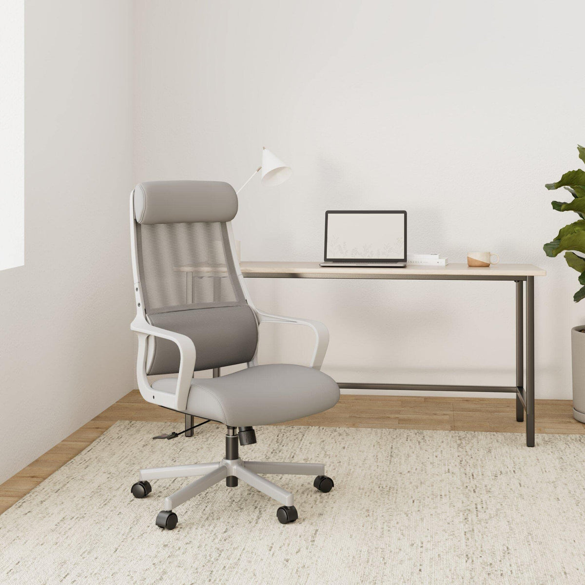 Ergonomic Office Chair with Height Adjustable Headrest, High Back, Lumbar Support, Silent Casters, Heavy Duty Chair for Conference Workspace Area, EN1335 Standard (Grey)