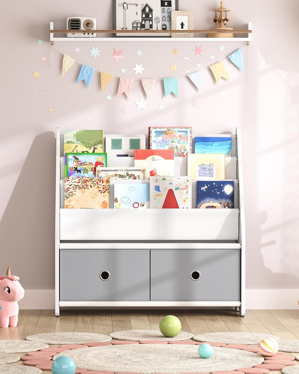 Kids Bookcase, Kids Shelf, Toy Organiser, with 3 Fabric Compartments and 2 Pull Out Toy Boxes, for Kids 3-8 Years Old, for Nursery Playroom, White and Grey DMCW06WT