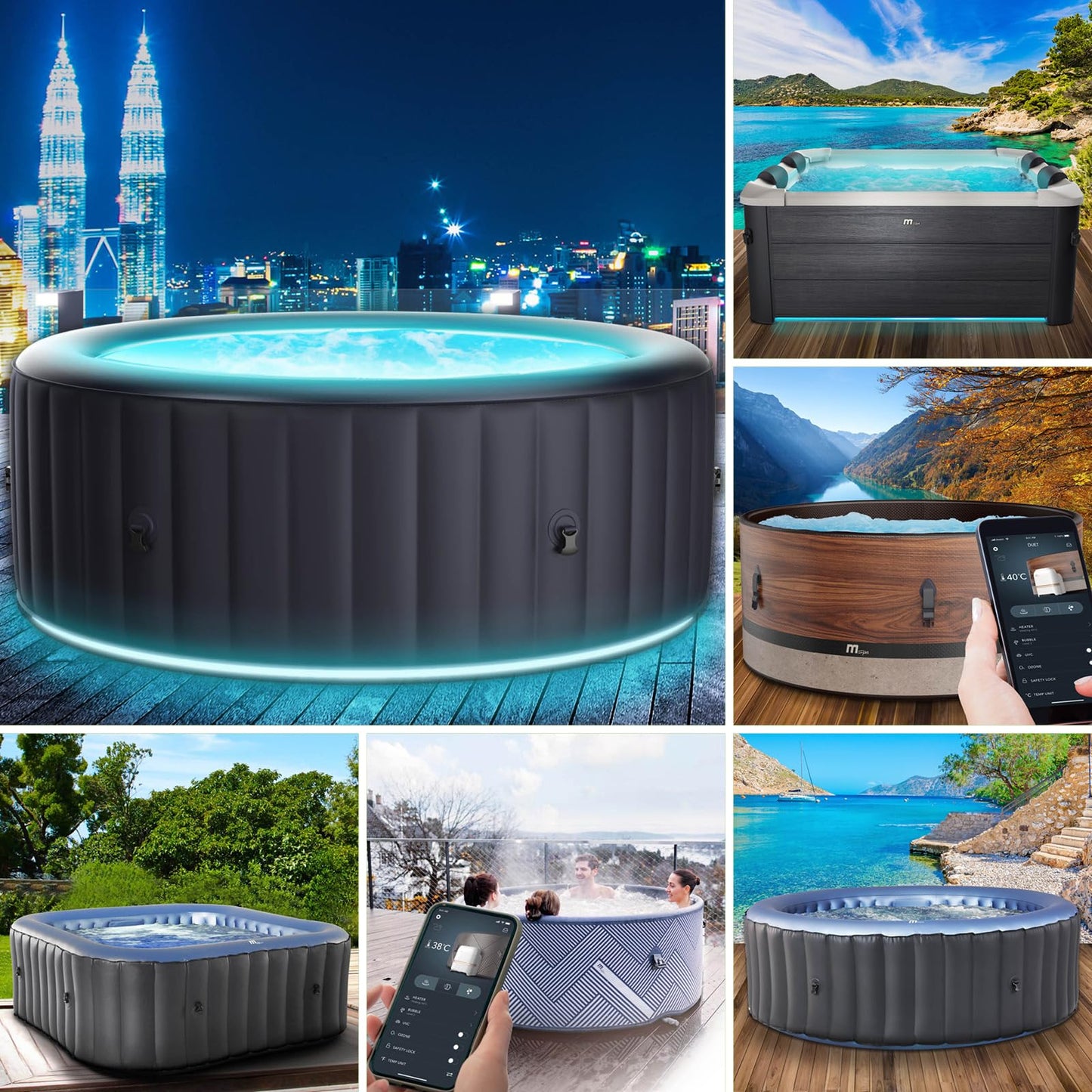 BRAST® Whirlpool aufblasbar MSpa | 4-8 Personen | viele Modelle rund und eckig | Ø 125-224cm | In- Outdoor Pool | bis zu 144 Massagedüsen | inkl. Aufblasfunktion Abdeckung Timer Heizung | Duet