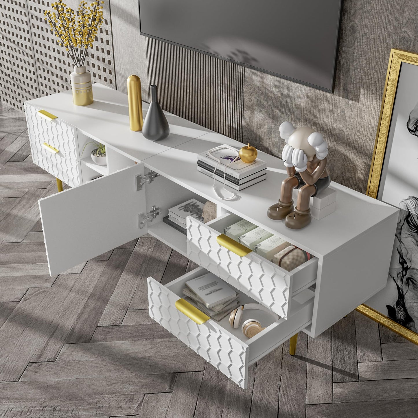 170 cm TV Cabinet with Textured Doors, TV Board with 4 Drawers, TV Cabinet with Oven Compartments, TV Cabinet for Living Room, TV Lowboard, Golden Handles and Feet, White