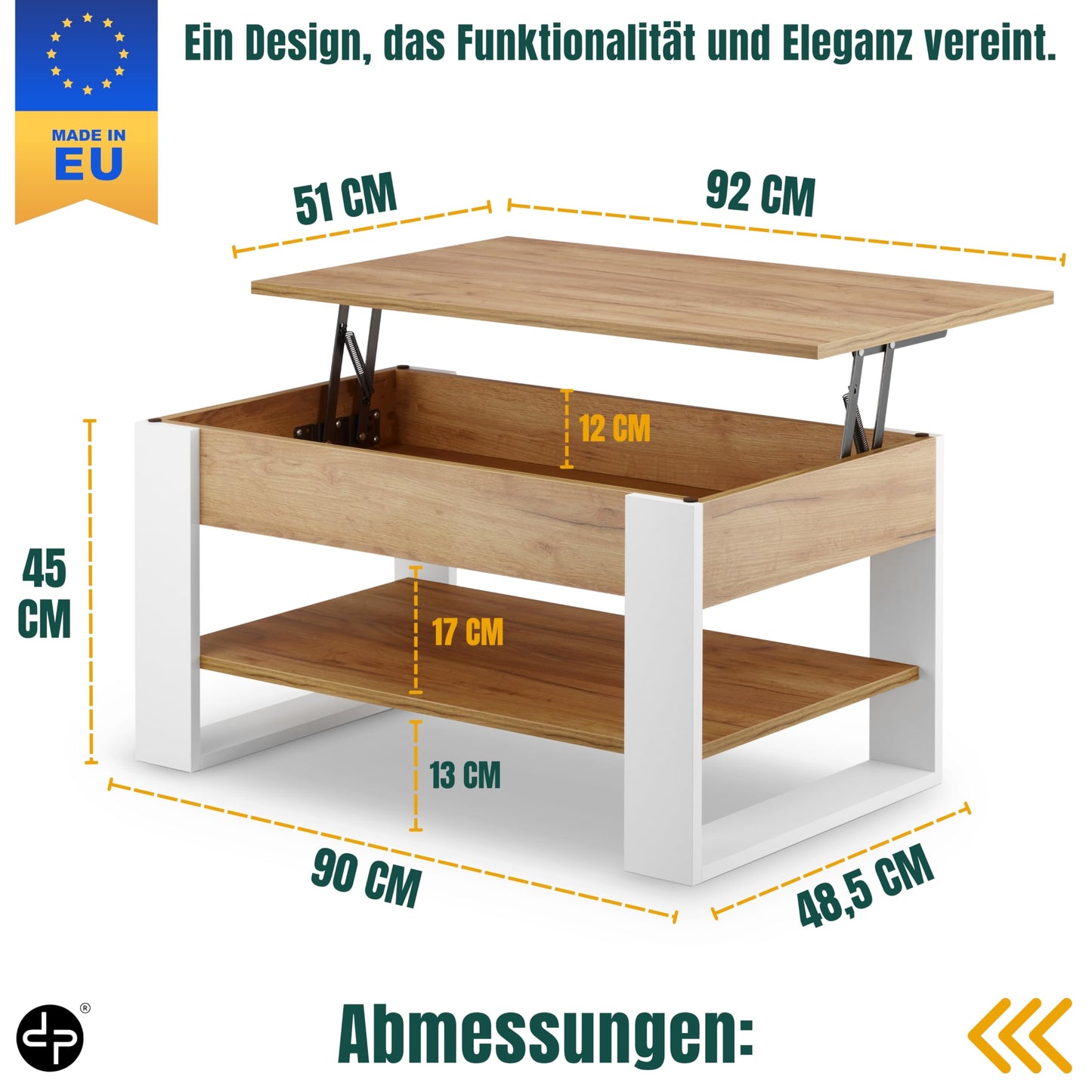 Coffee Table Height Adjustable with Storage Space Living Room Table Foldable Height-Adjustable Coffee Table Extendable Living Room Table Oak (White + Oak)