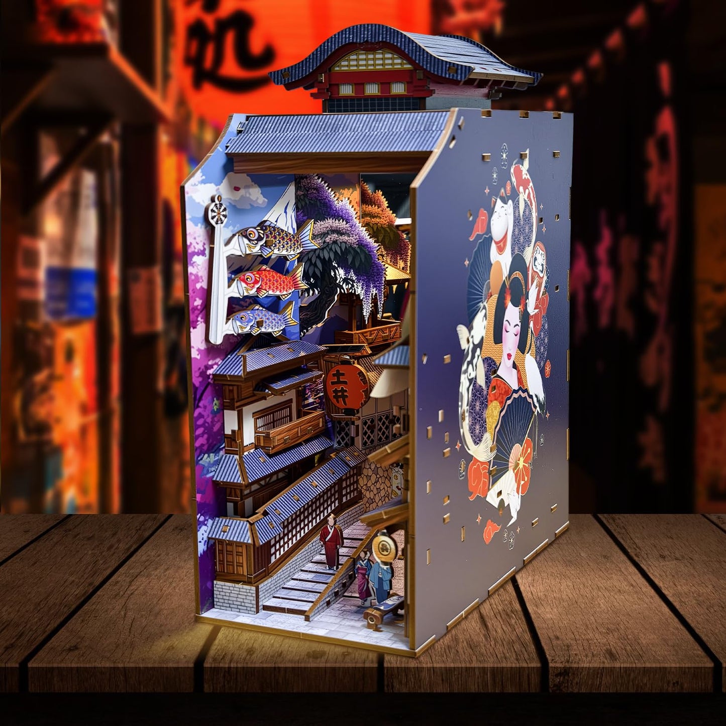 Book Nook Japan, Sakura Straße Booknook Japanischer Kit, 293PCS DIY Miniature House mit Licht, 3D Puzzle für Erwachsene und Heranwachsende, Japanische Deko Holzpuzzle Erwachsene Bücherregaldekoration