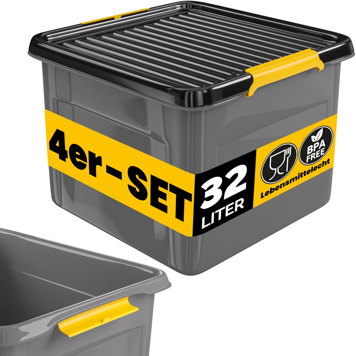 Monzana 4 x Storage Boxes 40 L with Lid 40 kg Load Capacity Plastic BPA Free Click Closure Stable Flexible Stackable Opaque Cellar Garage Box