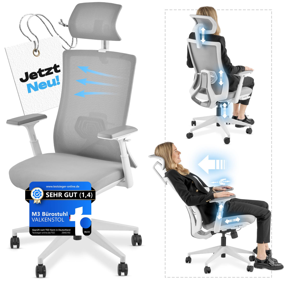 M2 Ergonomic Office Chair, Test Winner with Adjustable Armrest without Headrest for Maximum Freedom of Movement, Back-Friendly, Comfortable Desk Chair for Office and Home Office Chair