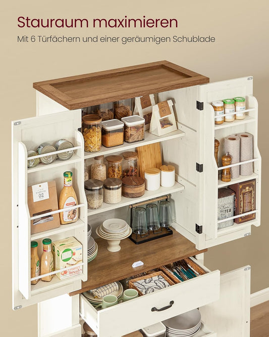 VASAGLE Kitchen Cabinet 70" Tall Multi Purpose Cabinet Country Style with Sliding Doors Drawer Shelf and Adjustable Shelves Kitchen Dining Room Vintage White BBK364W02