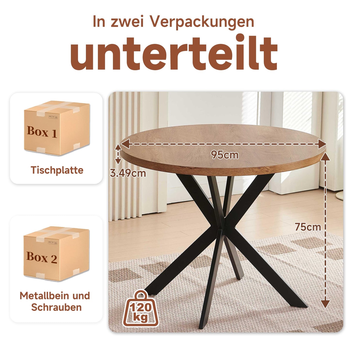 NORDICANA Esstisch mit 4 Stühlen Set, 95cm Runder Esstisch und 4 Kunstfell Loungesessel, Esszimmergruppe mit 4 Essstühlen, für Küche, Büro, Wohnzimmer, Balkon, Restaurant(Tisch+4 Braun Stühle)