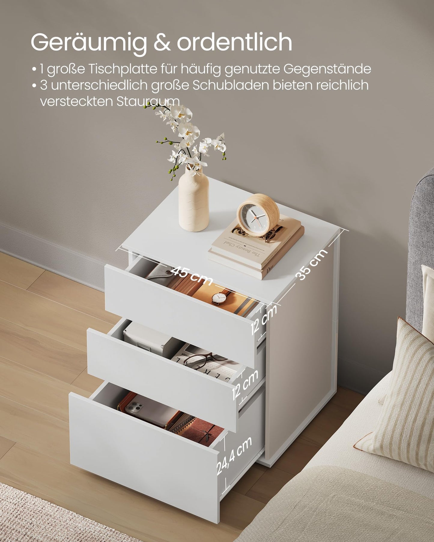 VASAGLE Bedside Table Set of 2, Toolless Technology, Super Fast Tool-Free Assembly, Side Table 3 Drawers, Bedside Cabinet, Bedroom, Living Room, Ink Black/Cappuccino Beige LET779B01