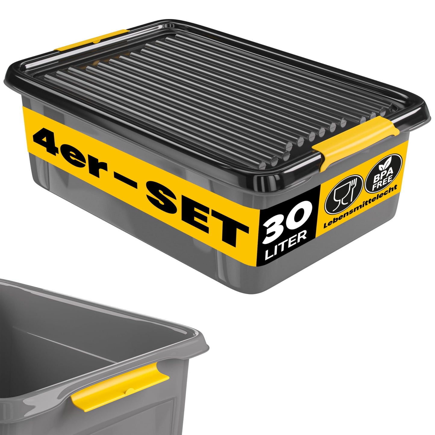 Monzana 4 x Storage Boxes 40 L with Lid 40 kg Load Capacity Plastic BPA Free Click Closure Stable Flexible Stackable Opaque Cellar Garage Box