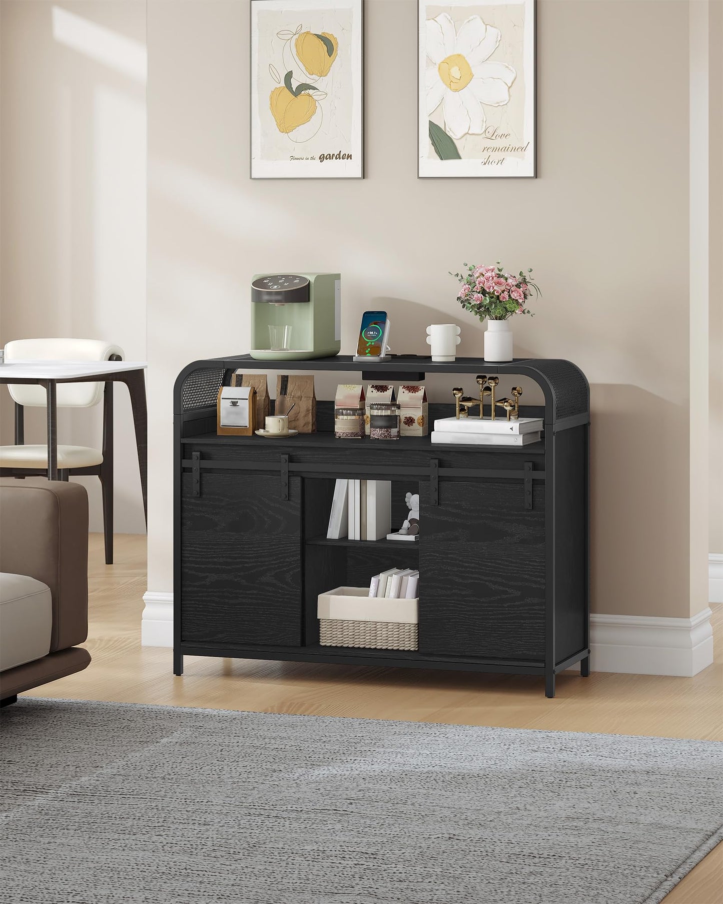 Hzuaneri SC00103WEU Kitchen Cabinet with LED Lighting, Sideboard with Power Strip, Storage Cabinet with 2 Sliding Doors, Adjustable Dividers, Kitchen, Dining Room, 35 x 100 x 80 cm, White