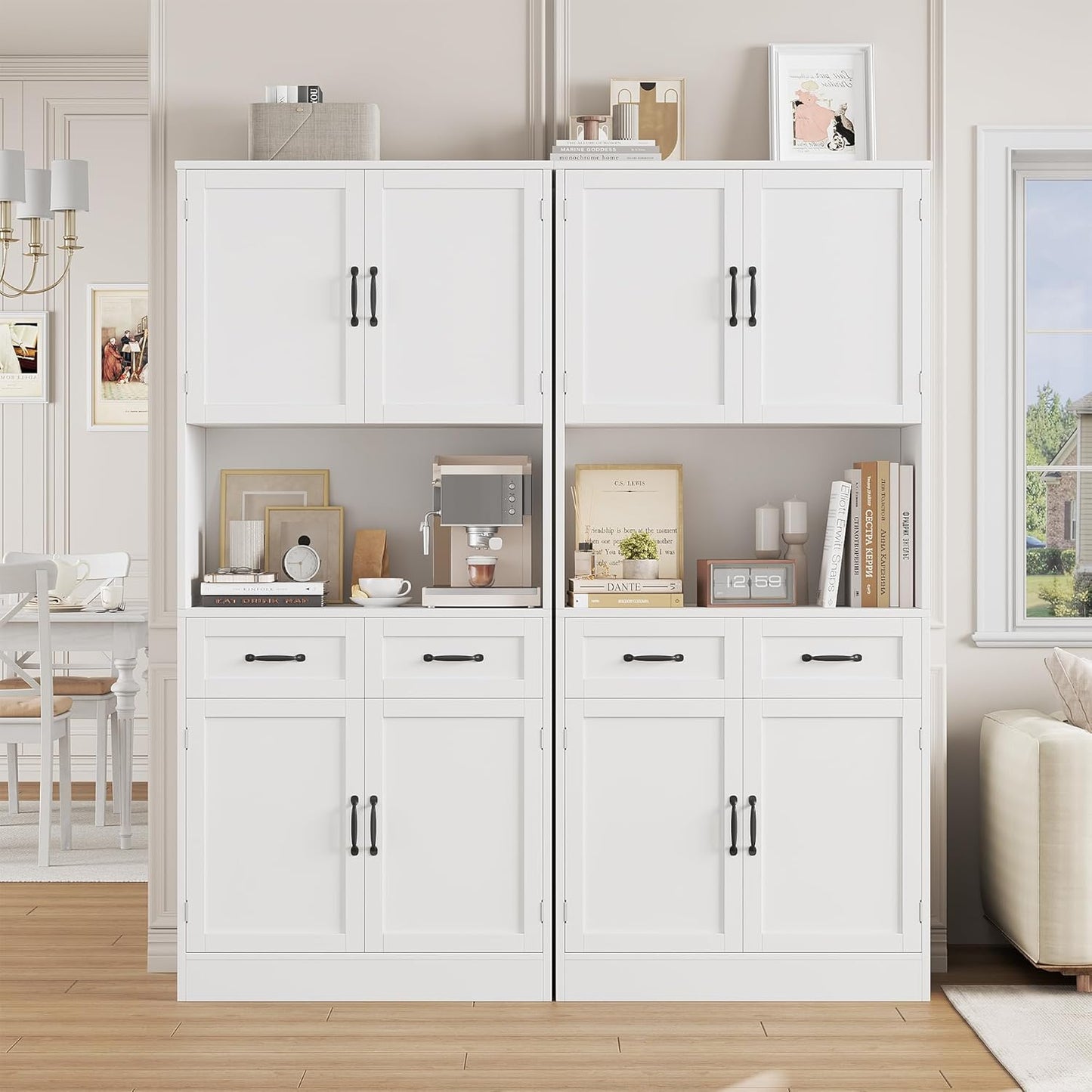 HOCSOK Kitchen Cabinet, 180 cm Buffet Cabinet with Worktop, Storage Cabinet Kitchen with 4 Doors and 2 Drawers, Tall Cabinet Multi-Purpose Cabinet with Adjustable Shelf, White