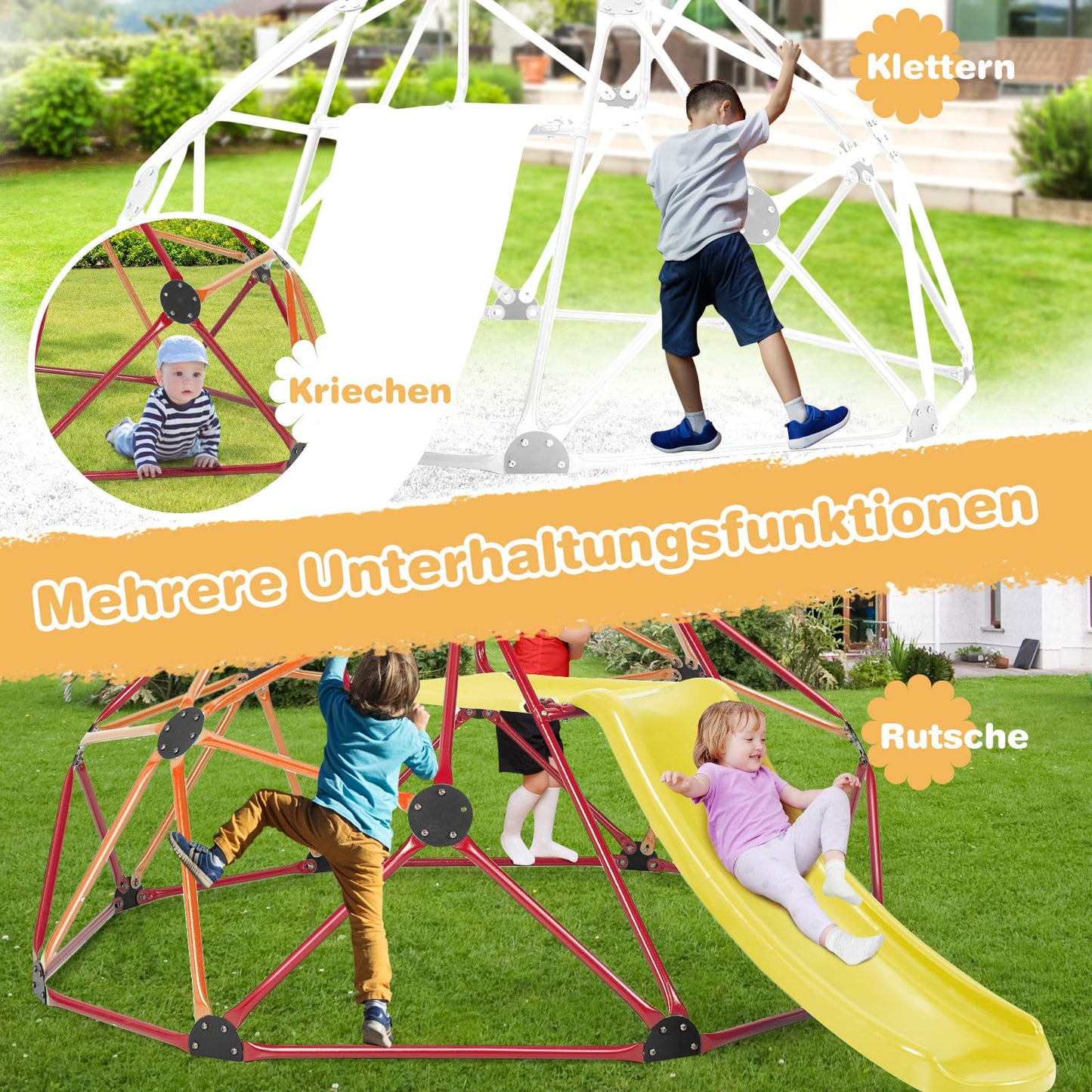 COSTWAY Climbing Dome with Slide, Dome Climbing Frame with Fabric Platform, 180 kg Load Capacity, Outdoor & Indoor Playground for 3-10 Years, Ideal for Gym, Backyard, Garden