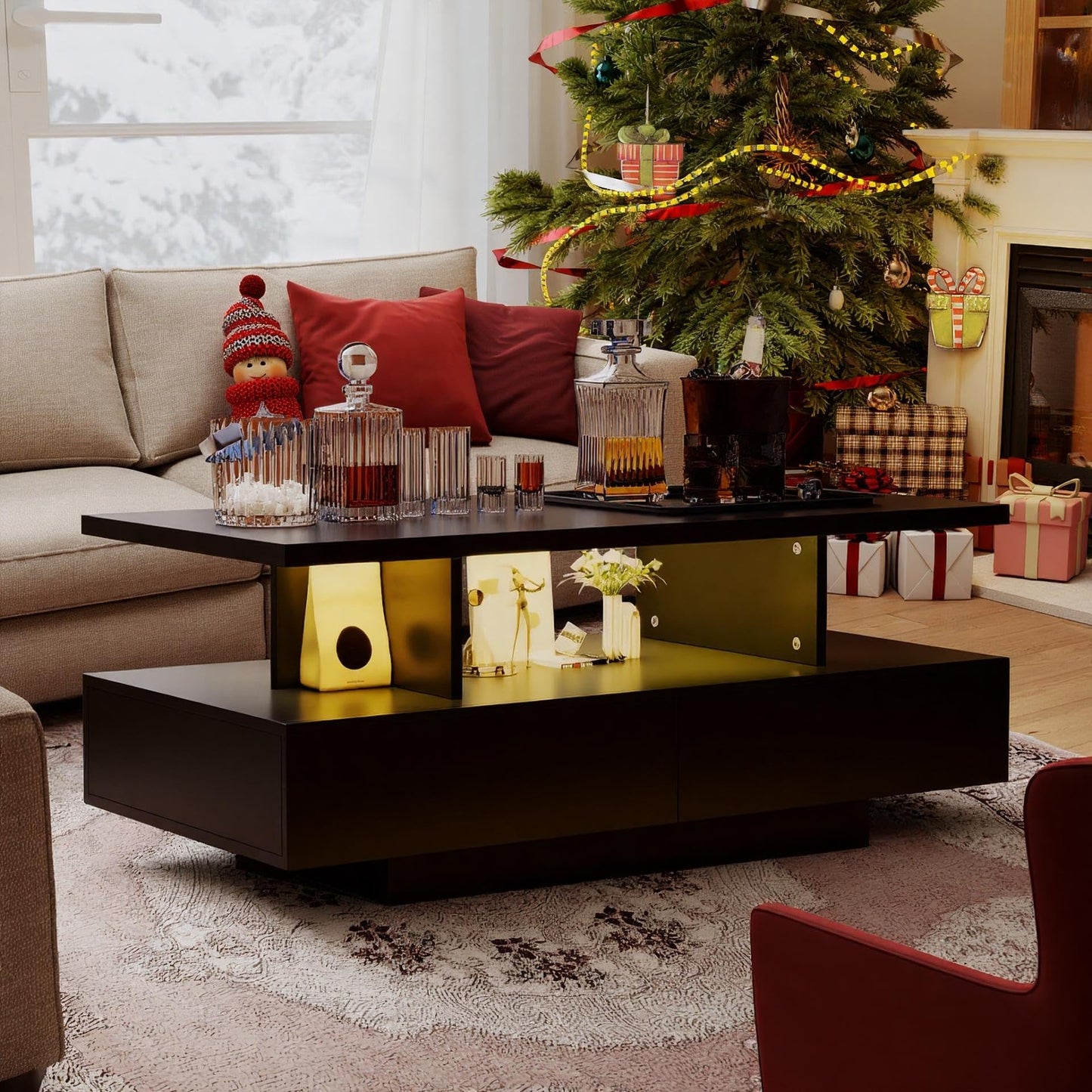 YU YUSING LED Coffee Table, Living Room Table, Coffee Table with 2 Drawers, 2 Shelves, 6000 Coloured LED Lighting, Remote Control, App Control, Side Table with Open, 105 x 50 x 39 cm, Modern White