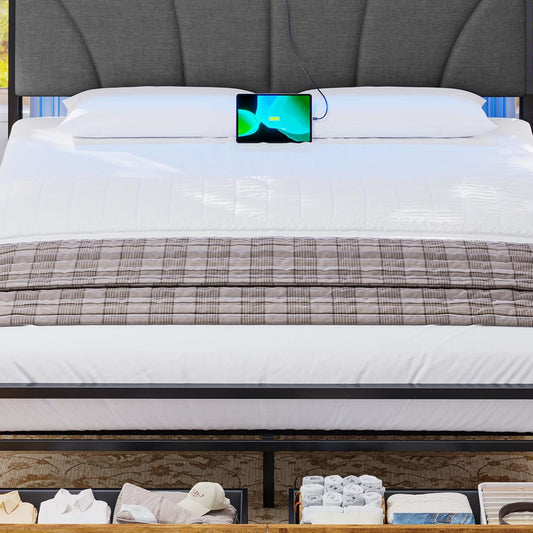 Brinlawb Bed 140 x 200 cm with Metal Slatted Frame, Bed Frame 140 x 200 cm with LED Lighting and Charging Station (2 AC Sockets & 2 USB Ports), Double Bed with 2 Large Drawers, Grey