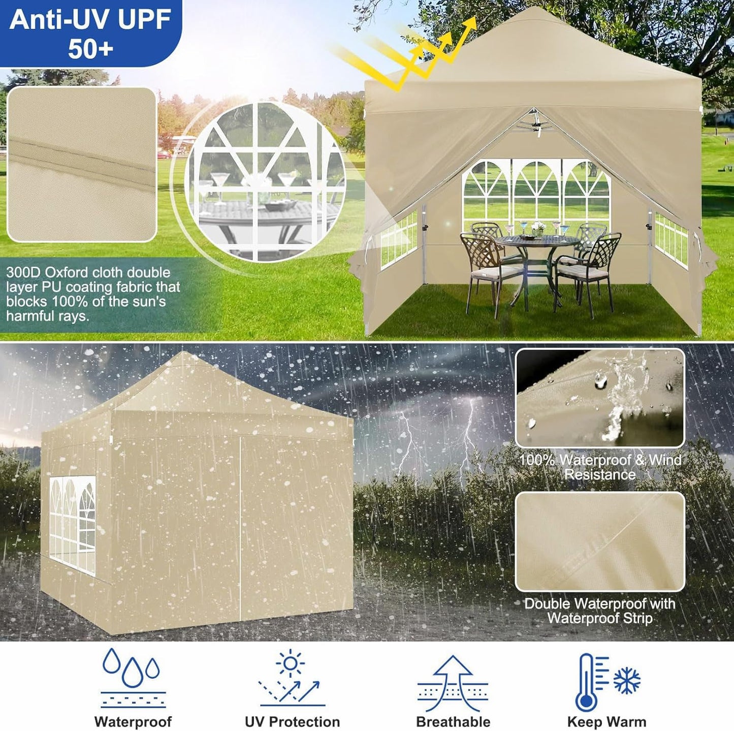 Tooluck Folding Gazebo, 3 x 4.5 m, Waterproof, Stable, Outdoor, Garden Party Tent, UV Protection 50+, with 4 Side Panels, Grey