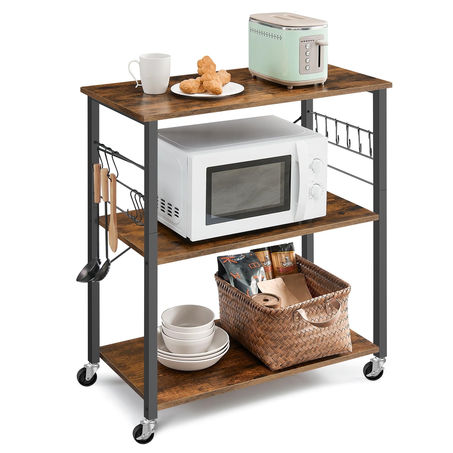 VASAGLE KKS60XV1 Kitchen Rack on Wheels Serving Trolley 3 Tier Kitchen Trolley Mini Oven Microwave Metal Frame 6 Hooks 40 x 60 x 89 cm Vintage Brown Ink Black