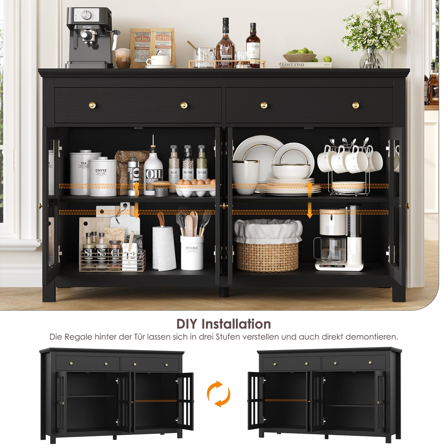 FirFurd Sideboard 140 cm Wide Kitchen Cabinet with Worktop Sideboard Living Room Kitchen Buffet Cabinet with 2 Drawers 4 Glass Doors Kitchen Buffet with Adjustable Shelves 140 x 40 x 91 cm Black