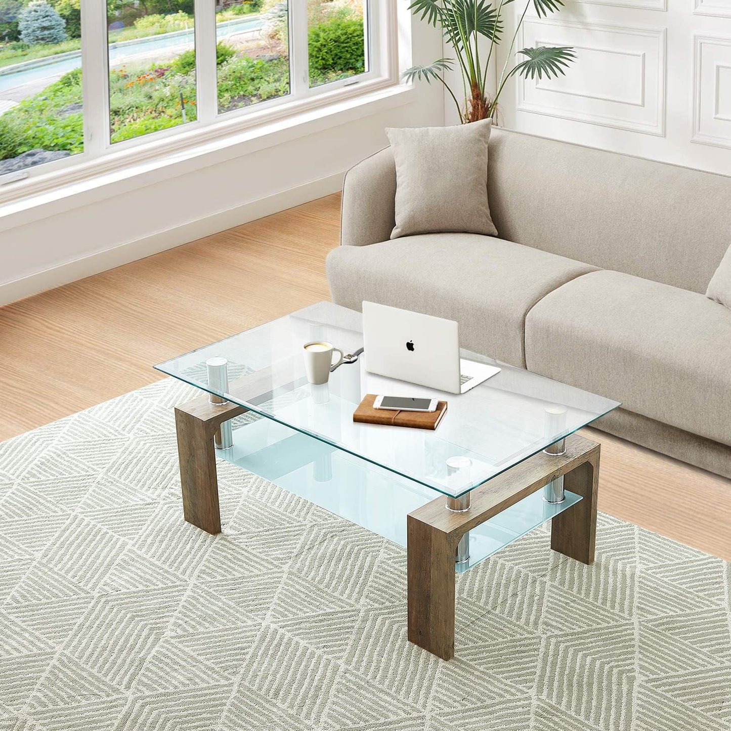 CLIPOP Rectangular Coffee Table Made of Tempered Glass, Living Room Table, Modern Sofa Table with Storage Space, Coffee Table, Glass Table with Lower Shelf for Living Room, Balcony, Bedroom, 100 x 60