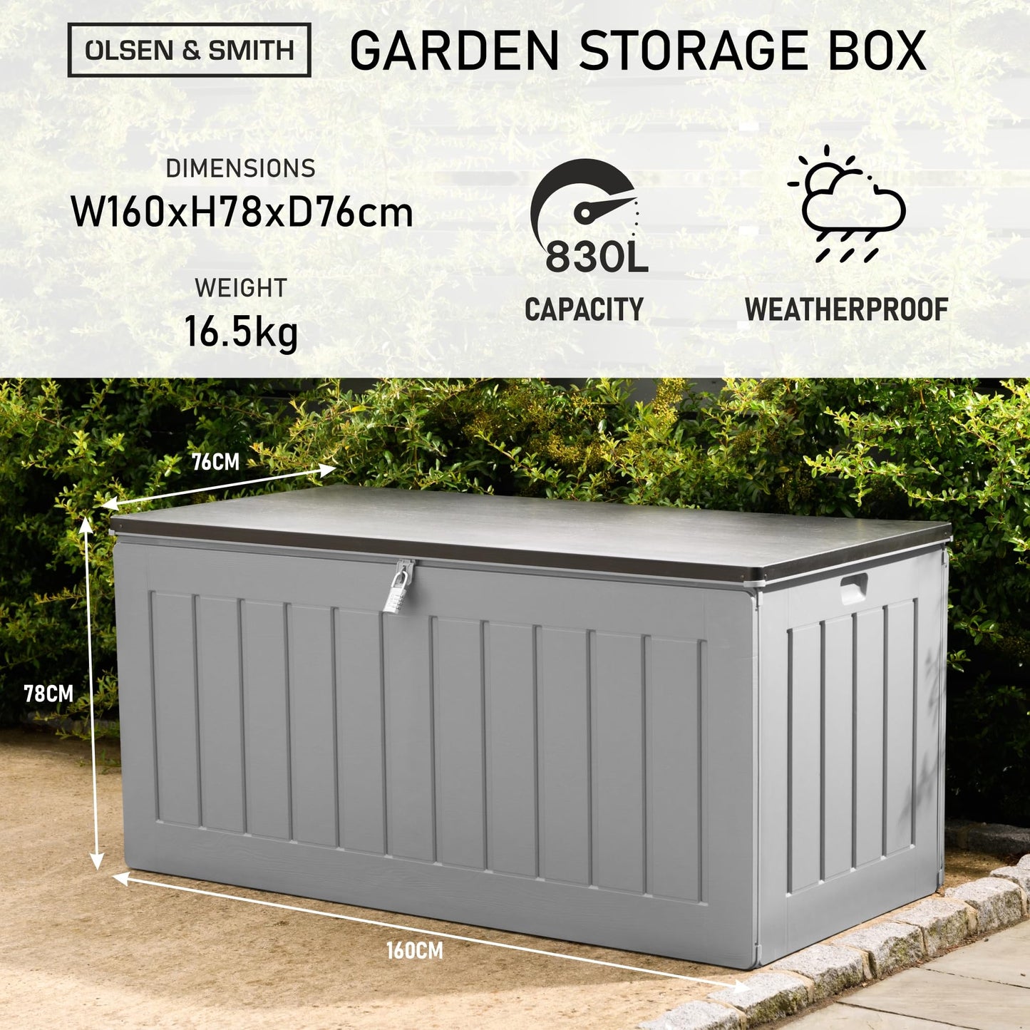 Olsen & Smith 270L Large Capacity Outdoor Garden Storage Box with Padlock Plastic Shed - Weatherproof and Stand Up with Wood Effect Chest (270L, Black)