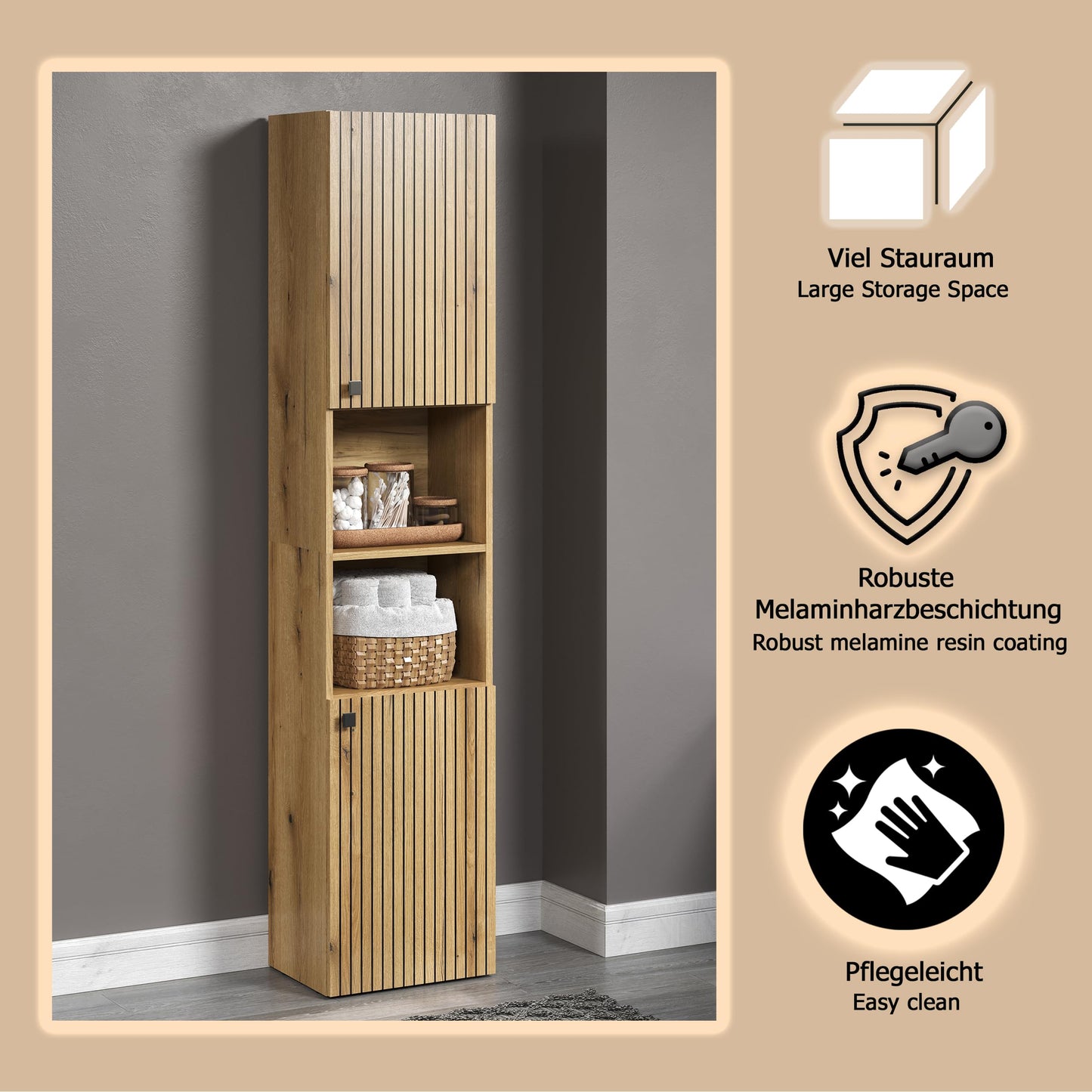 trendteam smart living - PureBliss - Hochschrank - Eiche - Badezimmerschrank in moderner Rillenoptik - edle Metallgriffe - (BxHxT) 40 x 186 x 31 cm - 2 praktische Einlegeböden - kratzfest