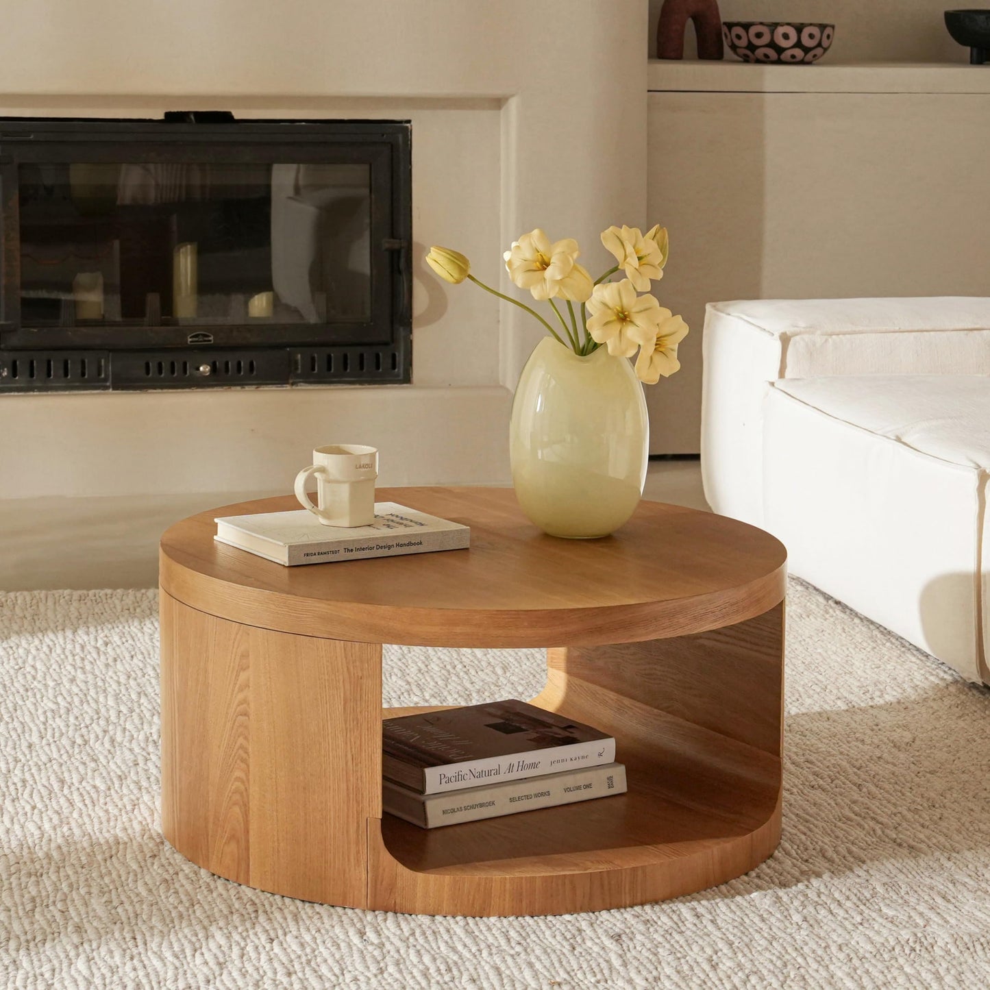 Round Wooden Coffee Table, Living Room Table with Large Storage Space, Coffee Table No Assembly Required, Modern Sofa Table for Living Room, Bedroom, Diameter 80 x 36 cm, Coffee Table (Black)