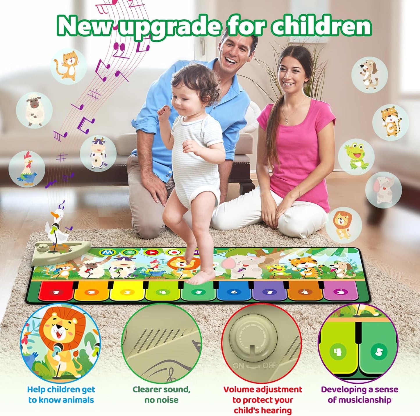 Rodzon 63301 Baby Spielzeug ab 1 Jahr, Musikmatte Kinder 19 Liedern 10 Tieren, Kinderspielzeug ab 1 2 3 Jahre Klaviermatte Geschenk Mädchen Junge Weihnachts Geburtstag