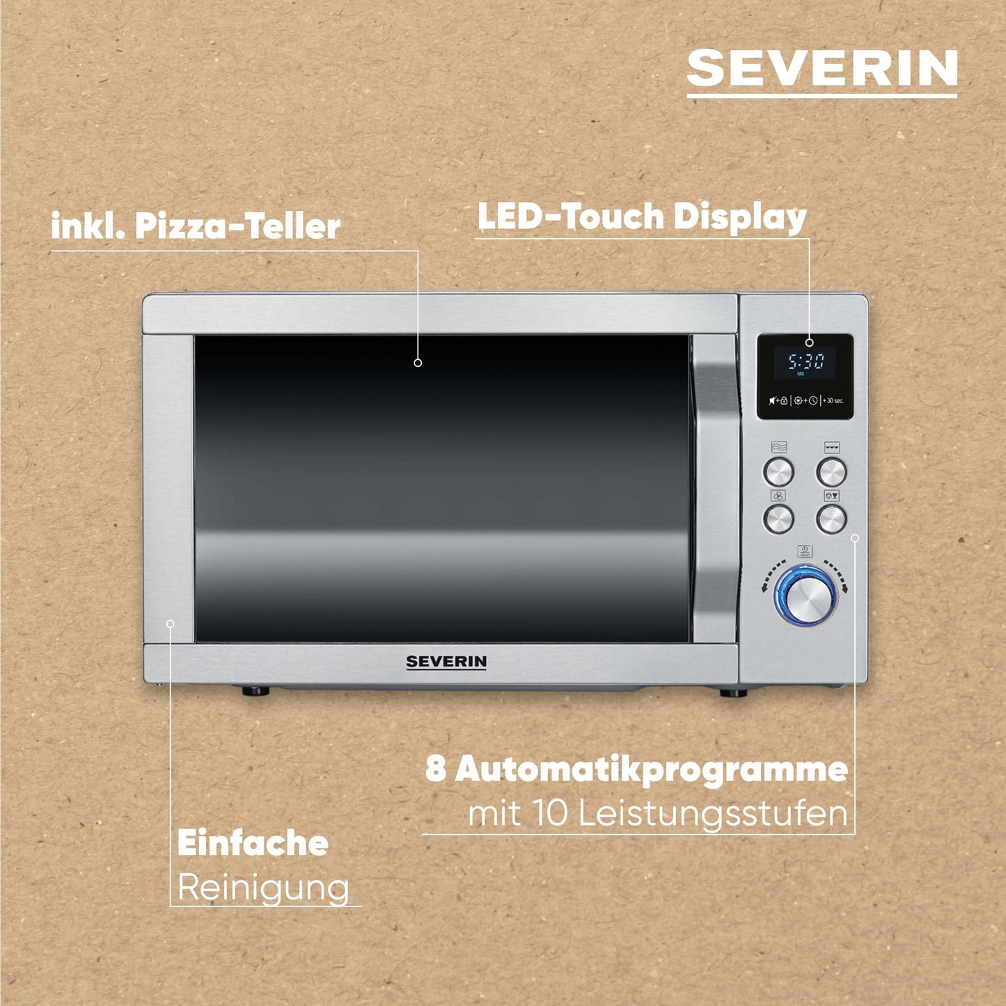 SEVERIN MW 7774 Microwave with Grill and Hot Air Function 3-in-1 for Defrosting, Cooking and Heating, Microwave with Turntable, Brushed Stainless Steel/Silver