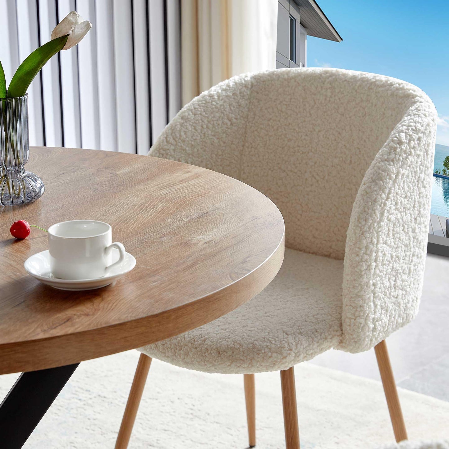 NORDICANA Esstisch mit 4 Stühlen Set, 95cm Runder Esstisch und 4 Kunstfell Loungesessel, Esszimmergruppe mit 4 Essstühlen, für Küche, Büro, Wohnzimmer, Balkon, Restaurant(Tisch+4 Braun Stühle)
