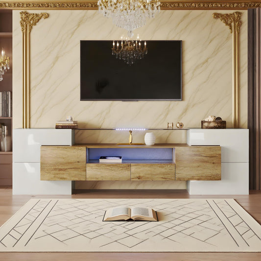 LANTRO JS TV Cabinet 200 cm Long with Elegant Glass Surface, TV Lowboard in Marble Look, TV Cabinet with LED Lighting, White and Black