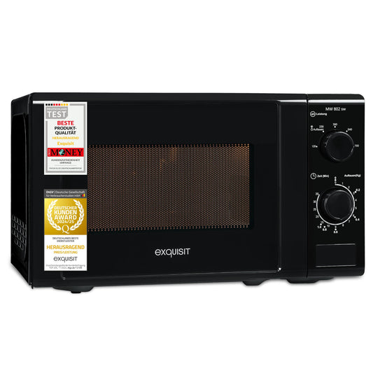 Exquisit Microwave MW 802 SW, 700 W Power, 20 L Cooking Space, Compact Microwave With Stainless Steel Interior, Space-Saving, Incl. Timer, Black