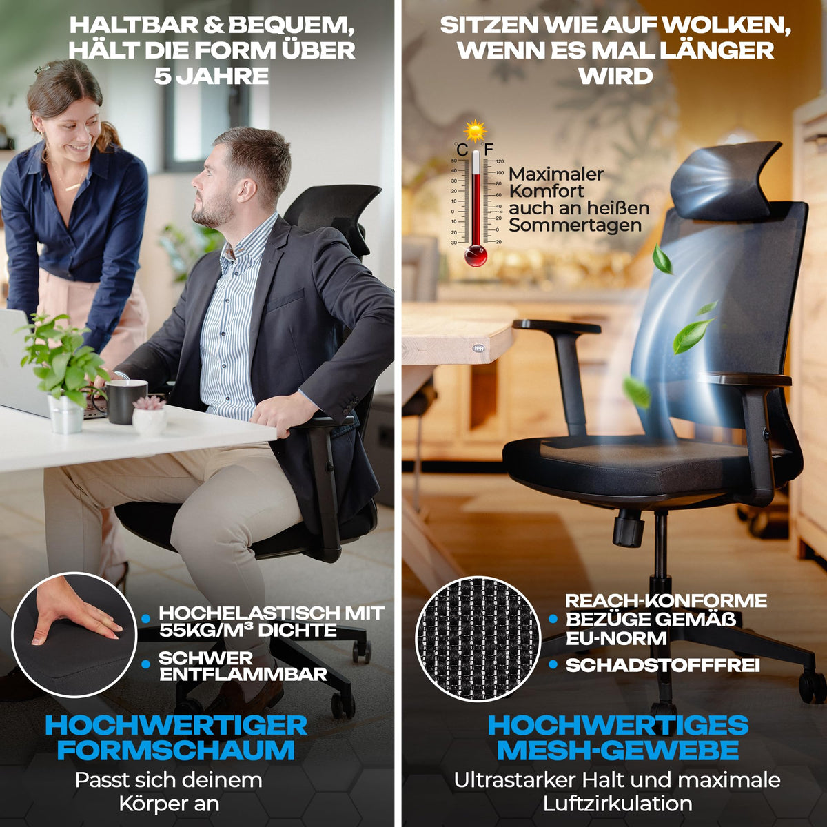 M2 Ergonomic Office Chair, Test Winner with Adjustable Armrest without Headrest for Maximum Freedom of Movement, Back-Friendly, Comfortable Desk Chair for Office and Home Office Chair