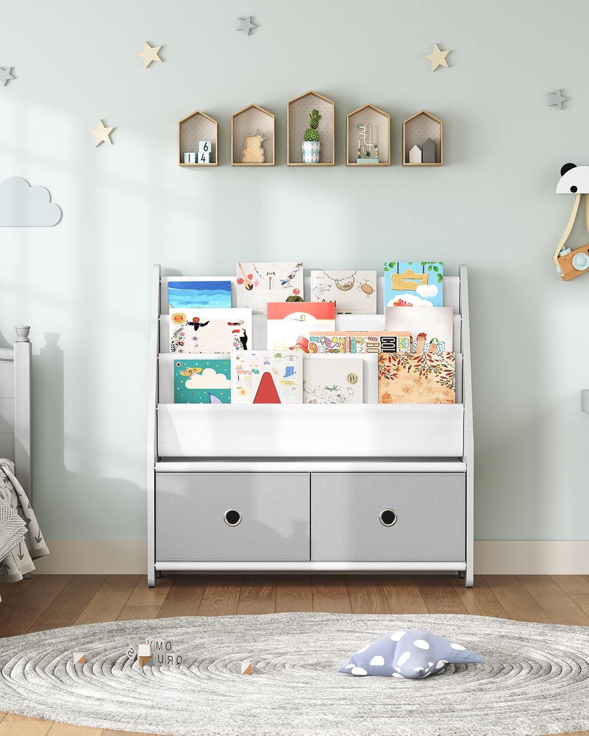 Kids Bookcase, Kids Shelf, Toy Organiser, with 3 Fabric Compartments and 2 Pull Out Toy Boxes, for Kids 3-8 Years Old, for Nursery Playroom, White and Grey DMCW06WT