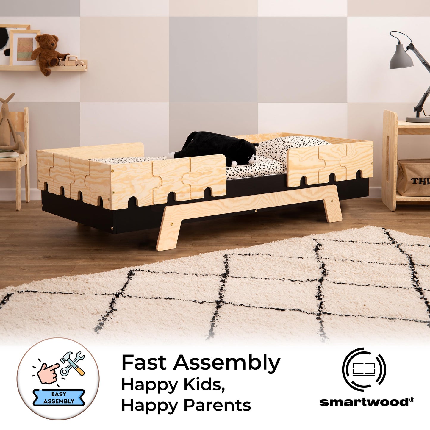 smartwood Kinderbett mit Lattenrost und Rausfallschutz Puzzle BR2 Montessori einzelbett für Jungen und Mädchen - Bett aus Kiefer Sperrholz mit Rausfallschutz und Lattenrost - Grau - 90x200 cm