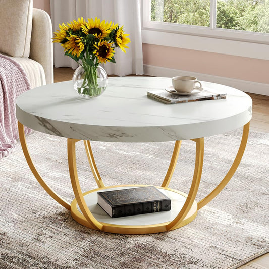 LITTLE TREE Round Coffee Table 32 Inch Round Coffee Table for Living Room 2 Tier Wood Accent Center Table with Open Storage Industrial Design Home Furniture (Wood Grain and Black)