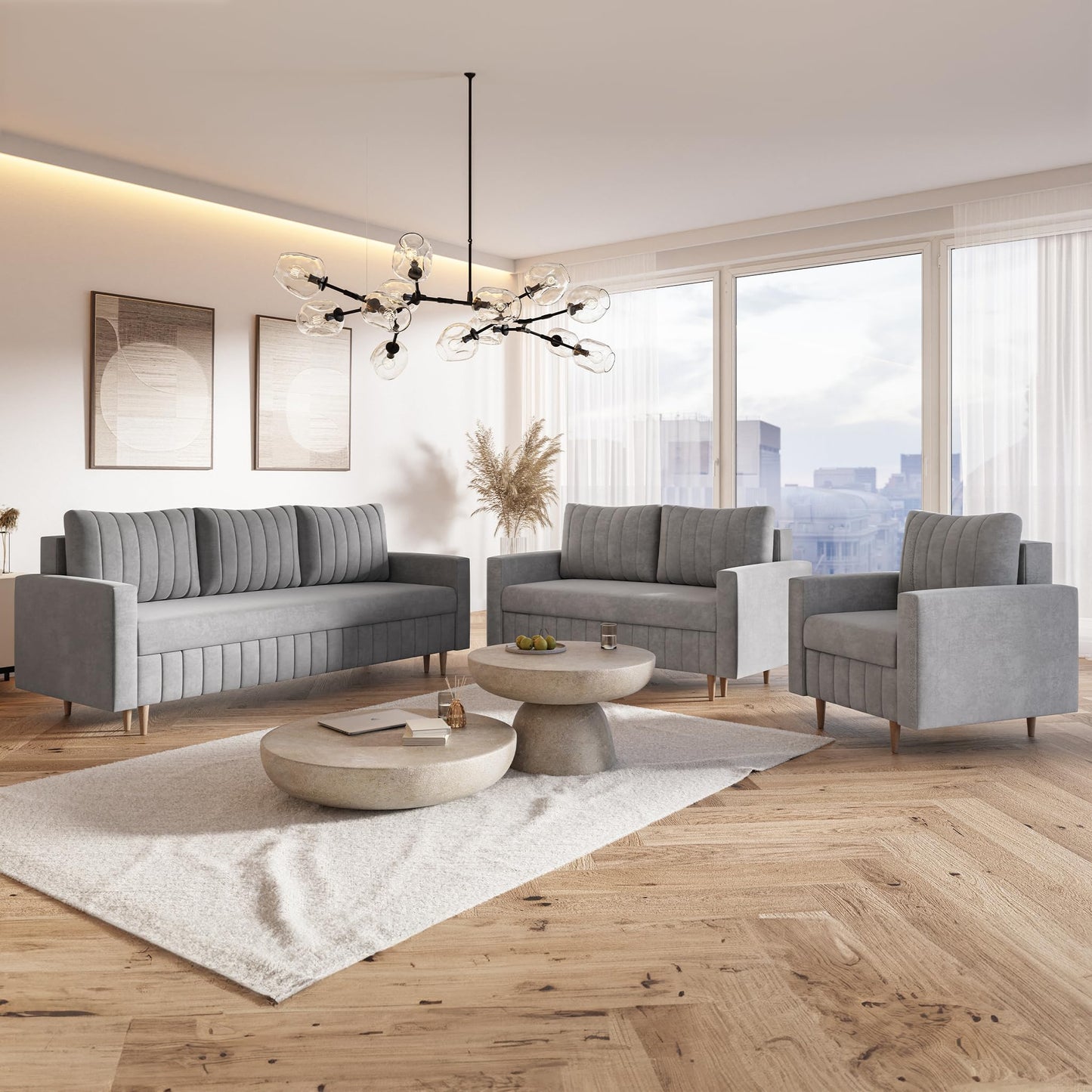 MOTIVENA Leo Sofa Set, Sofa Set 3 2 1 Living Room, Sofa 3 2 1 Set, Couch Set, Futon Set, Living Room Couch Set, Couch 3 2 1 Set, Bonell Spring Core (H4), Velvet, Grey Light Grey