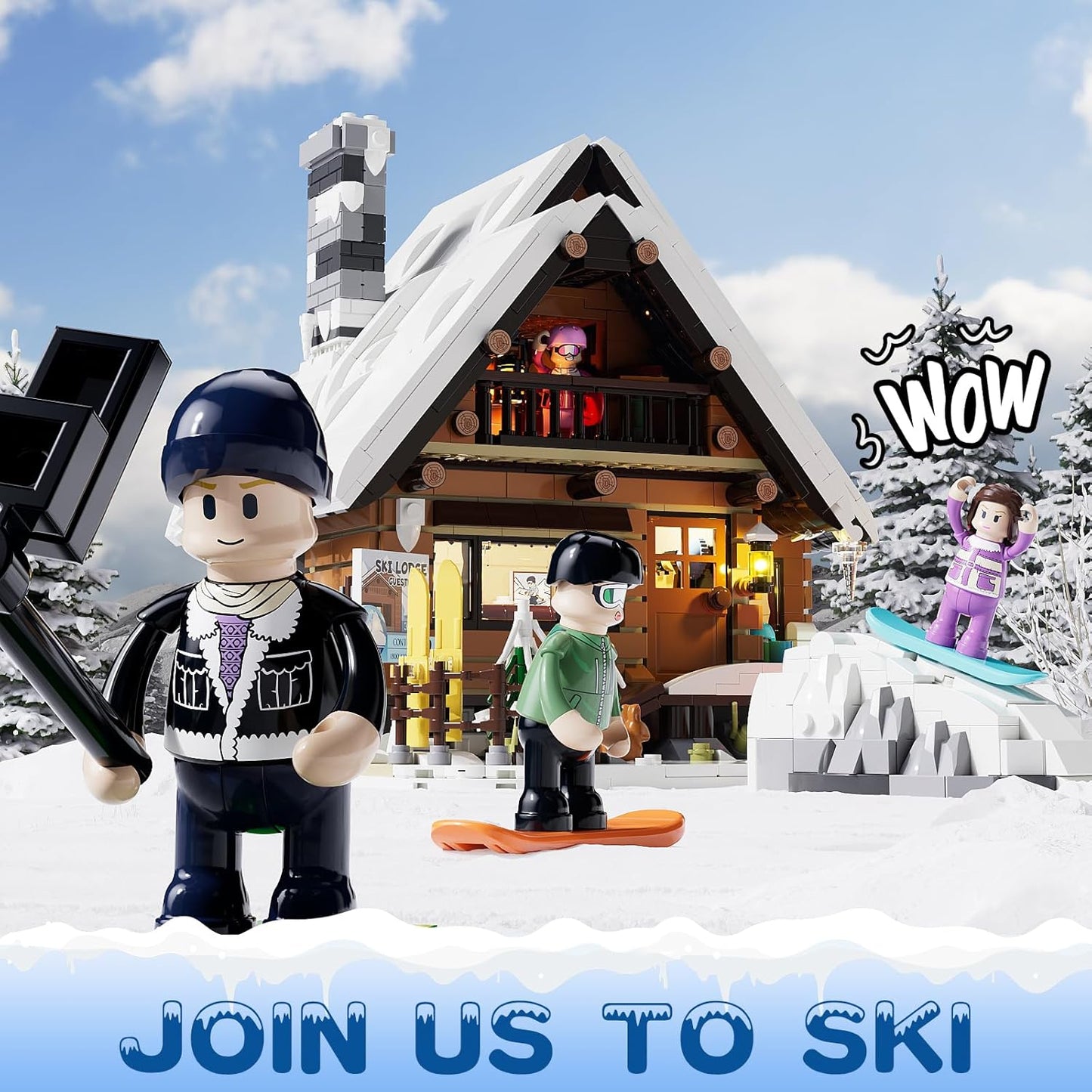 FUNWHOLE Christmas Ski House Building Blocks Set with LED Light, 2187 Pieces Ski Lodge Building Blocks Snow Hut Toy Modular Building Blocks Clamping Blocks for Adults and Teenagers
