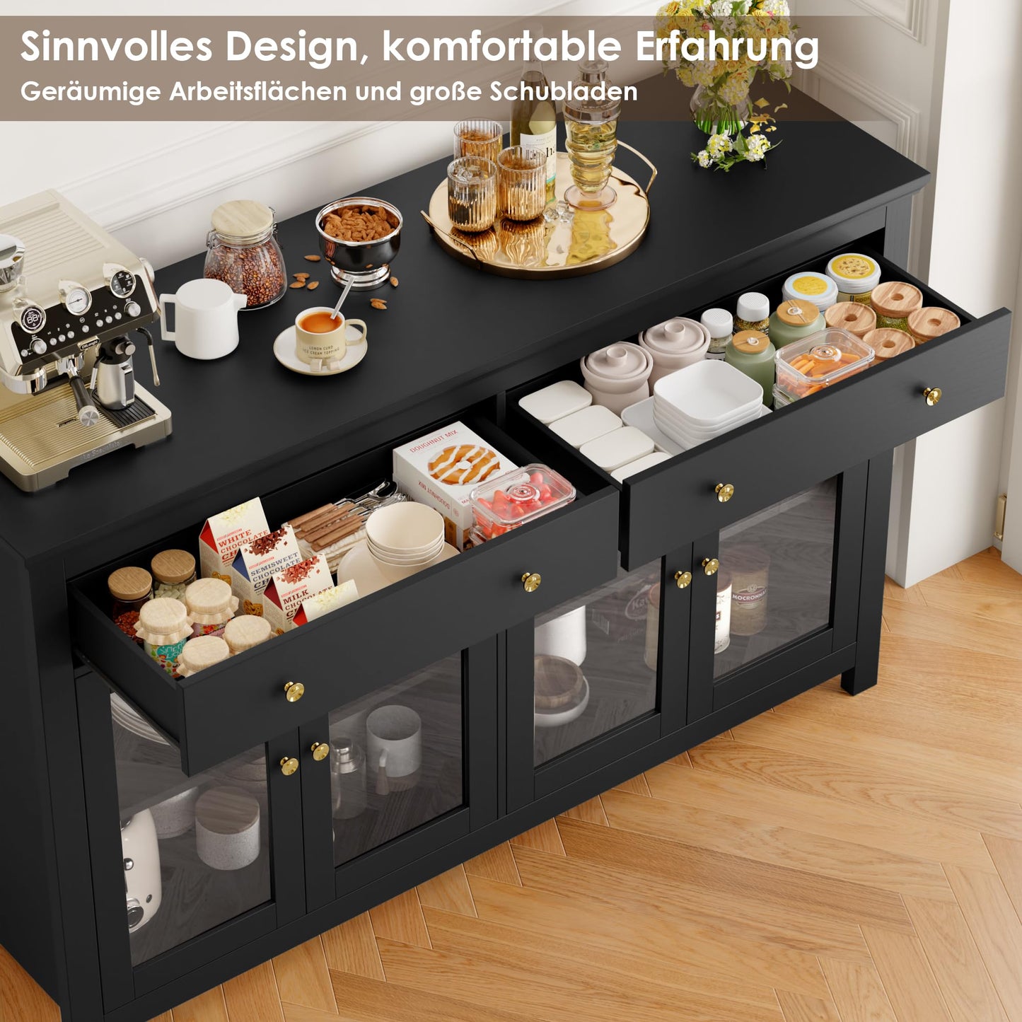 FirFurd Sideboard 140 cm Wide Kitchen Cabinet with Worktop Sideboard for Kitchen Living Room Buffet Cabinet with 2 Drawers and 4 Glass Doors Kitchen Buffet with Adjustable Shelf 140 x 90.7 x 40 cm