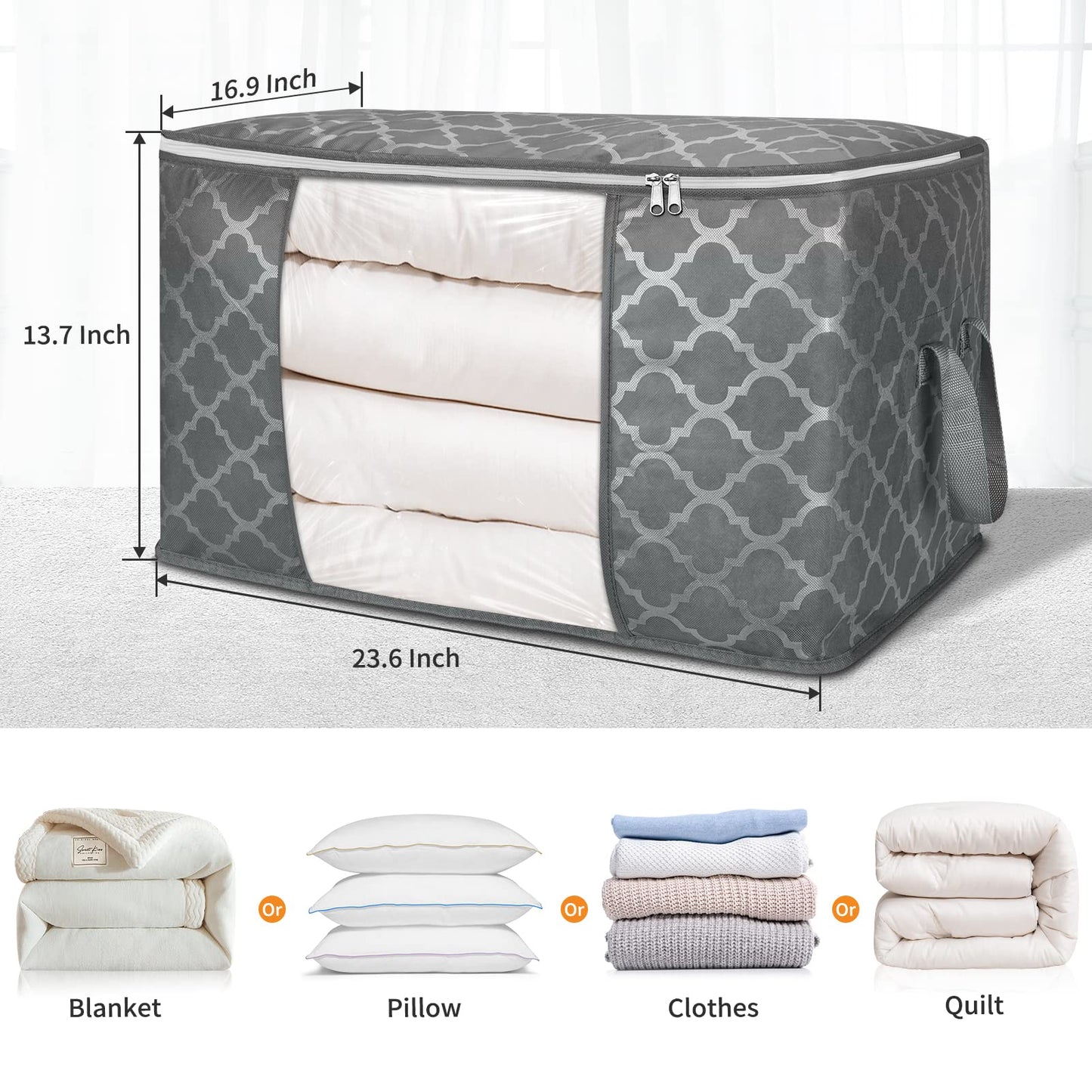 Budding Joy Pack of 6 90 L Storage Bags, Storage Boxes with Lid, Large, Clothes Storage, Moving Boxes, Foldable Underbed Wardrobe for Clothes, Duvets and Bedding, Grey