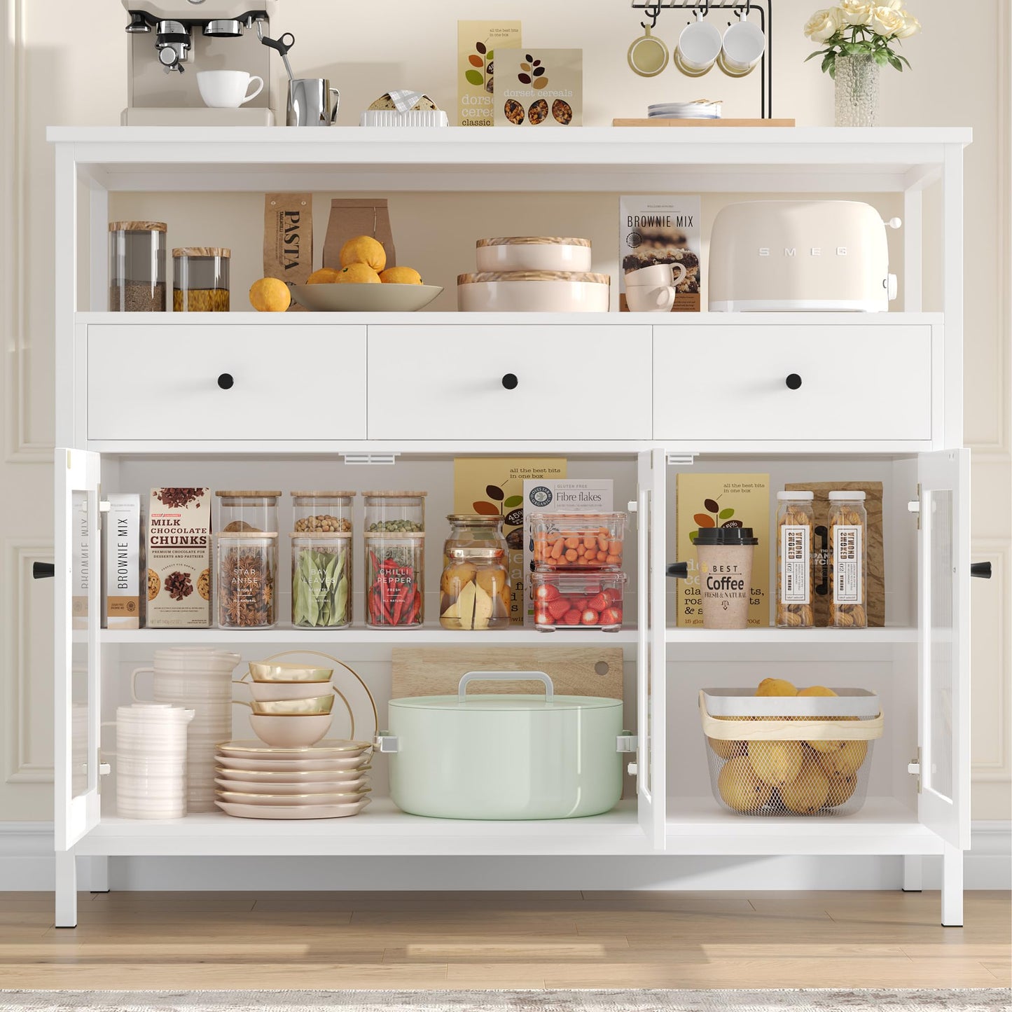 FirFurd Sideboard Küchenschrank mit Arbeitsplatte ＆3 Schubladen＆3 Glastüren, Buffetschrank Kommode Kaffeebar Mehrzweckschrank, Sideboard für Wohnzimmer Küche Esszimmer 108 x 38 x 98,5 cm schwarz