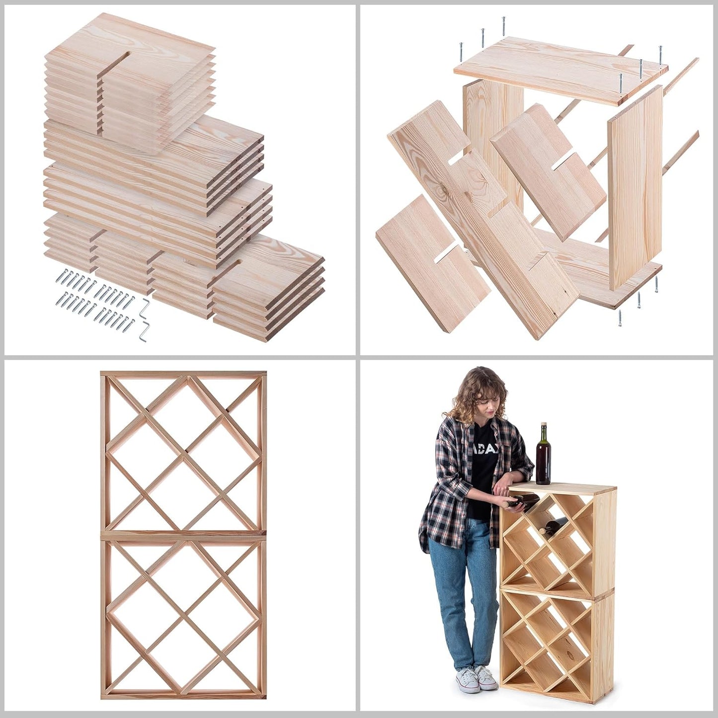 KADAX Wooden Wine Rack, 52 x 25.5 x 104 cm, Large Bottle Rack for Many Wine Bottles, Stackable Wine Stand, Shelf for Bottles, Rustic Wine Cabinet, Sturdy, Space-Saving, Made in EU