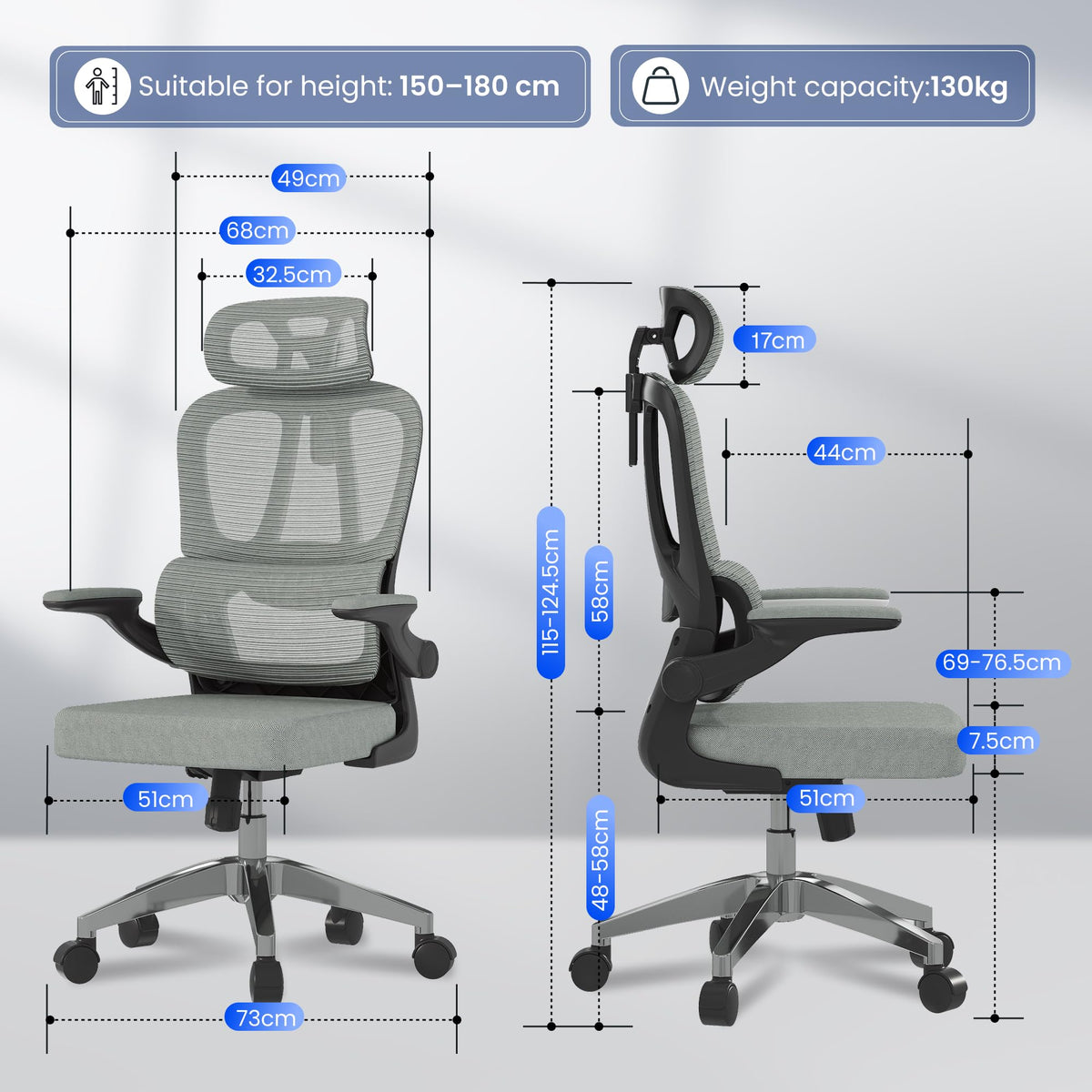 FLEXISPOT OC3C Office Chair Ergonomic Desk Chair Computer Chair Height-Adjustable Seat Headrest Armrest Lumbar Support Swivel Castors Work Chair